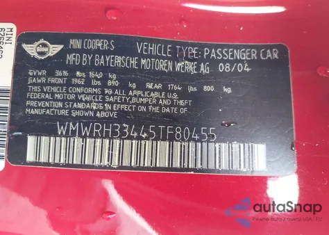 2005 Mini Cooper S z USA, uszkodzony, nr VIN WMWRH33445TF80455